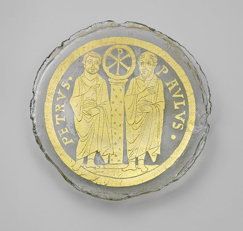 Bowl Base with Saints Peter and Paul Flanking a Column with the Christogram of Christ